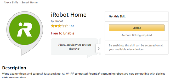 Экран с навыком Roomba в приложении Alexa