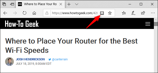 Иконка режима чтения в Microsoft Edge — книга в адресной строке.