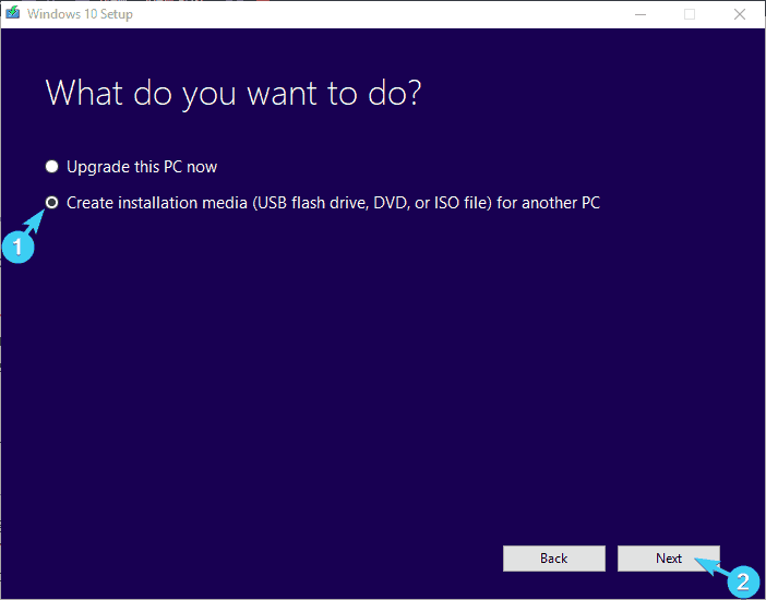 Выбор 'Создать установочный носитель' в Media Creation Tool