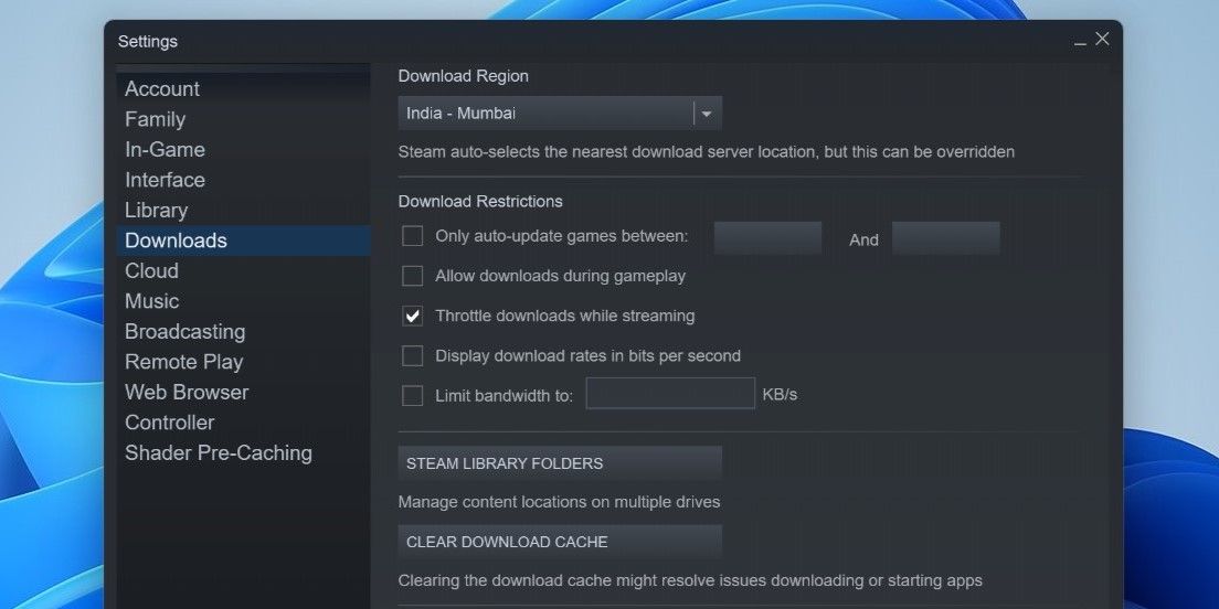 Очистка кэша загрузок Steam