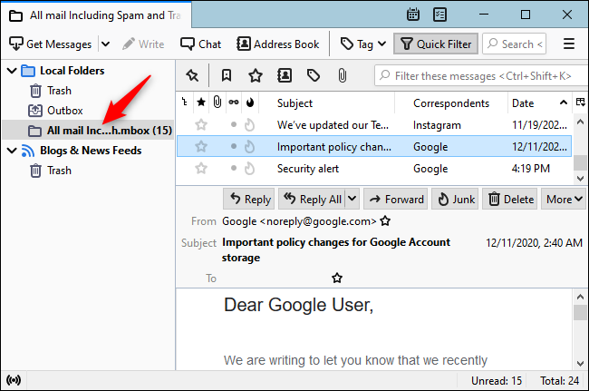 Thunderbird показывает файл MBOX Gmail в локальных папках.
