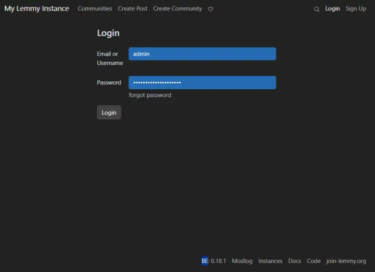 Страница входа Lemmy