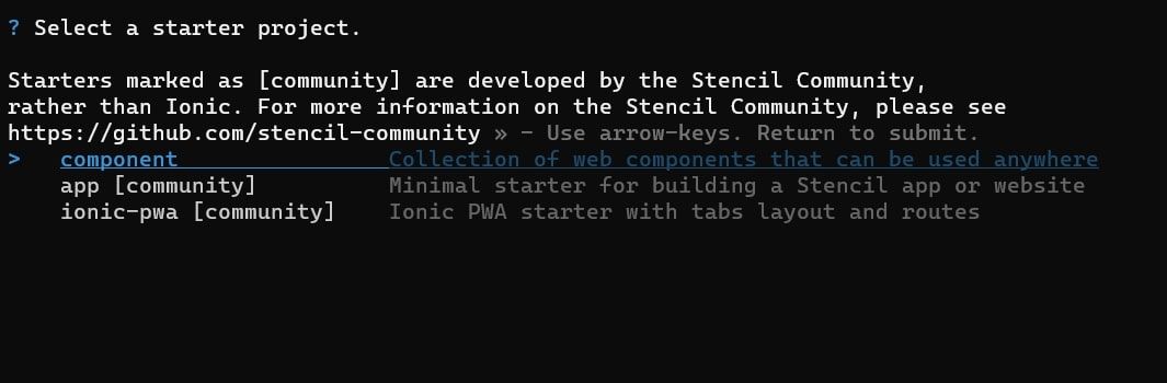 Окно выбора шаблона stencil.js в терминале