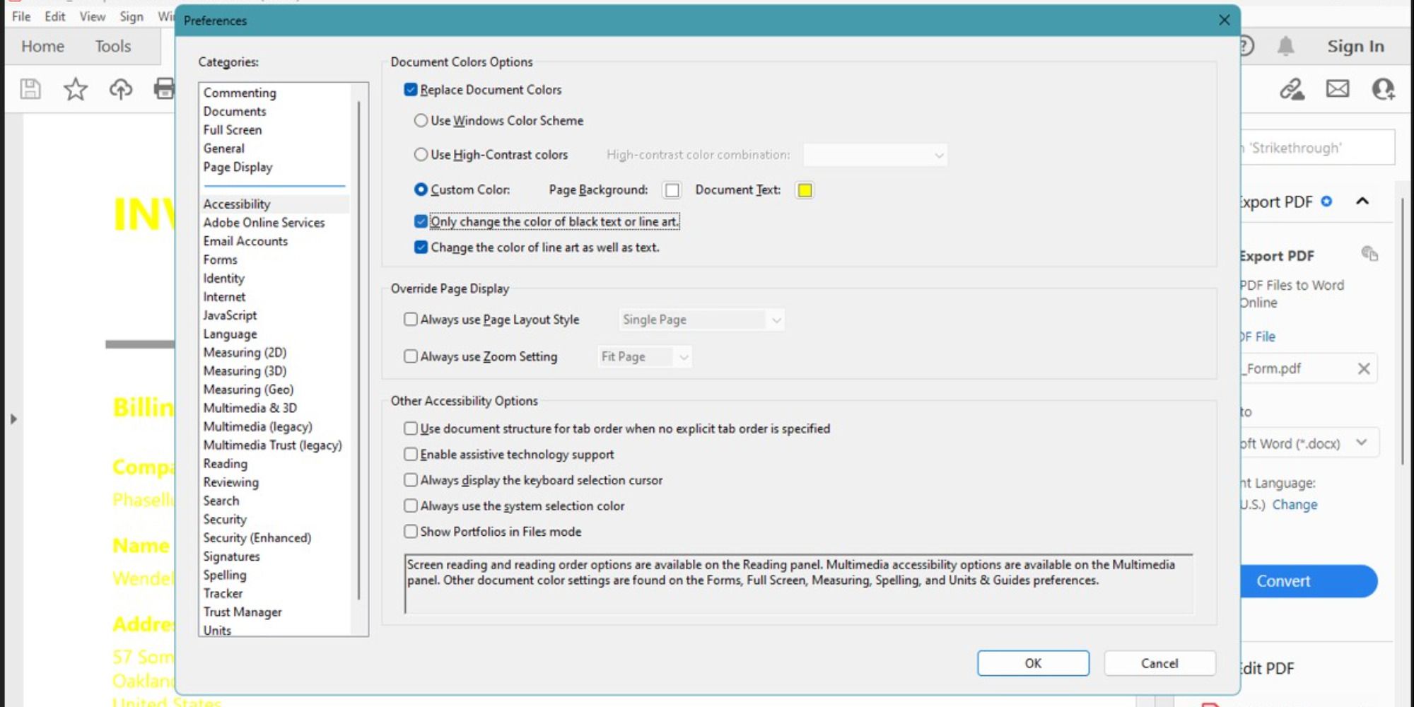 Использование параметров специальных возможностей в Adobe Acrobat Reader