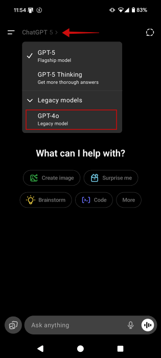 Cambio a modello legacy nell'app ChatGPT
