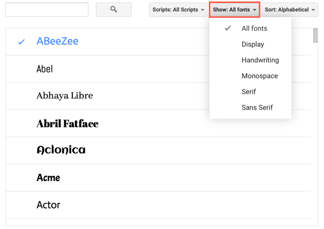 Меню «Показать» для фильтрации шрифтов