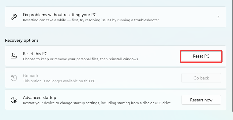 Кнопка «Сбросить ПК»