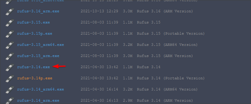 Страница со старыми версиями Rufus