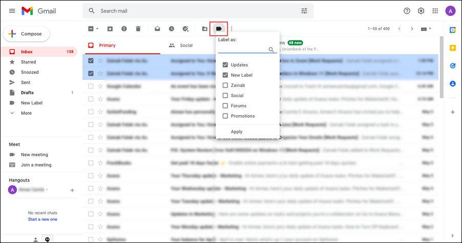 Label icon on the top pane