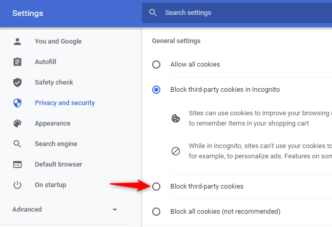 Выберите «Блокировать сторонние файлы cookie».