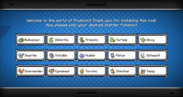 Стартовая сцена и первый выбор покемона в Pixelmon