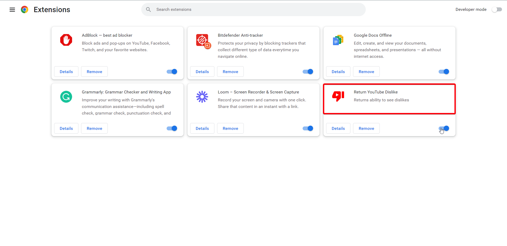Список расширений в Chrome с включённым YouTube Dislike