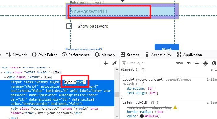 Скриншот: редактирование атрибута type в инспекторе для показа пароля