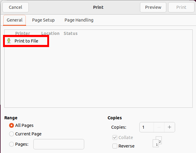 Диалог печати с выделенной опцией Печать в файл