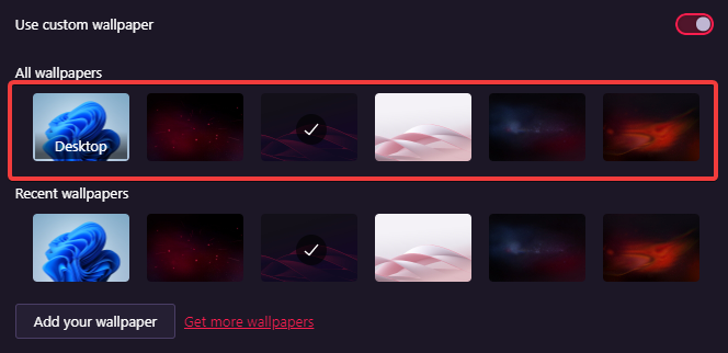 список доступных обоев Opera GX