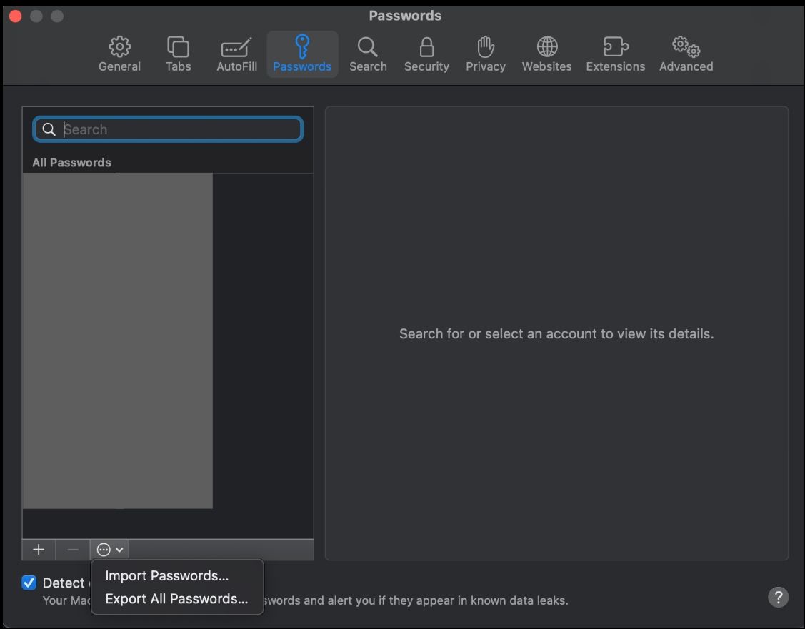 Страница импорта паролей в Safari