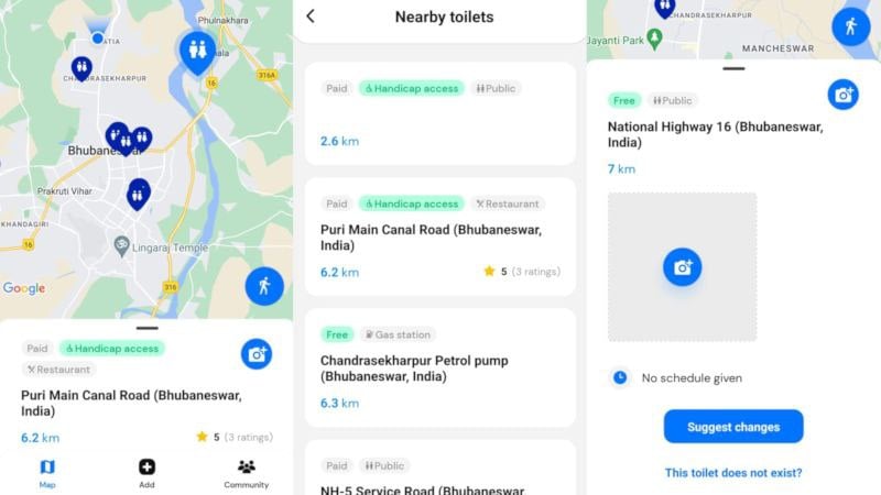 Интерфейс Toilet Finder: ближайшие точки и оценки пользователей