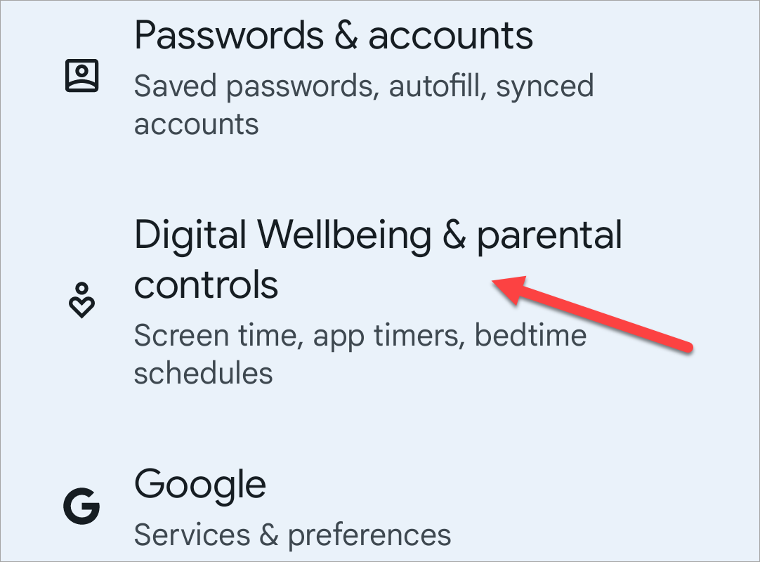 Пункт меню «Digital Wellbeing & Parental Controls» в Pixel.