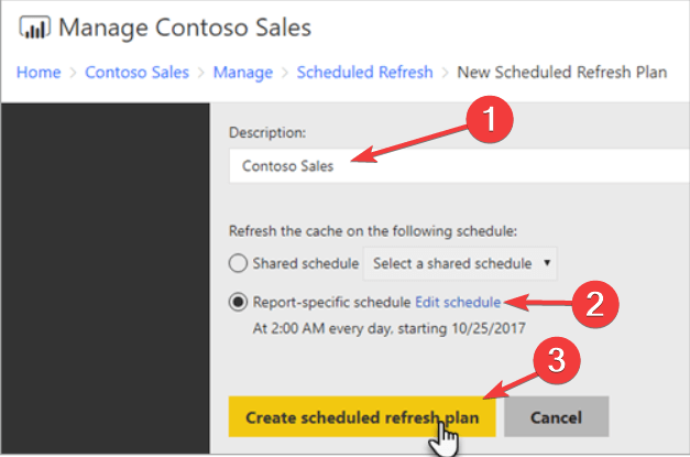 Окно создания расписания для обновления отчёта в Power BI
