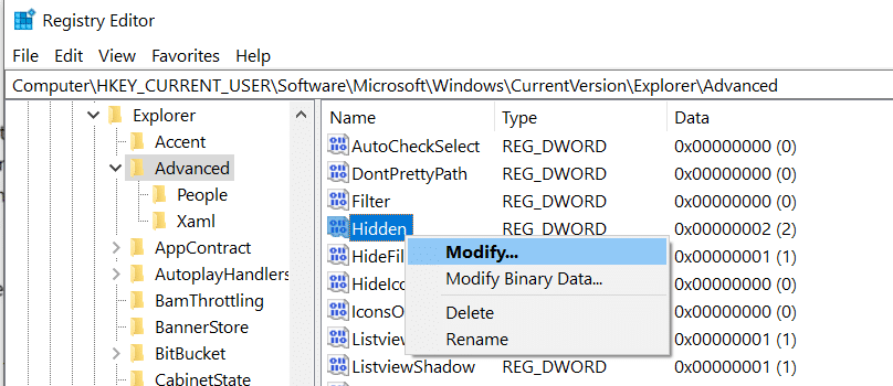 Изменение значения Hidden в реестре