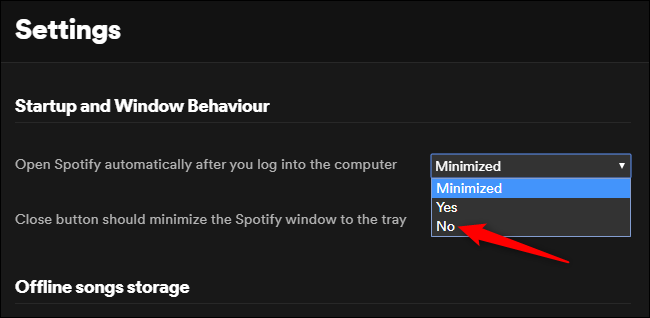 Отключение автозапуска Spotify в настройках