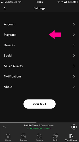 Параметры воспроизведения в Spotify на iOS