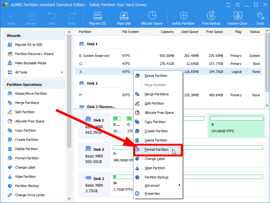 AOMEI Partition Assistant: opzione Format