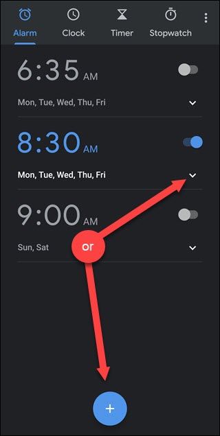 Экран Google Alarm с указанием стрелки вниз и значка плюс