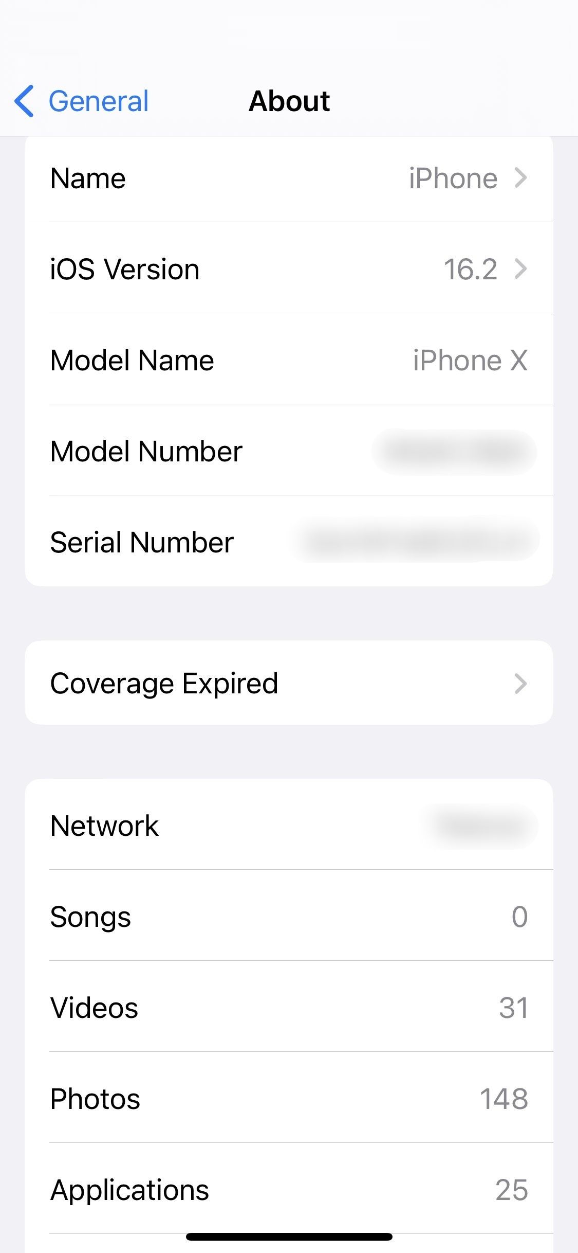 Экран настроек iPhone показывает, что покрытие истекло