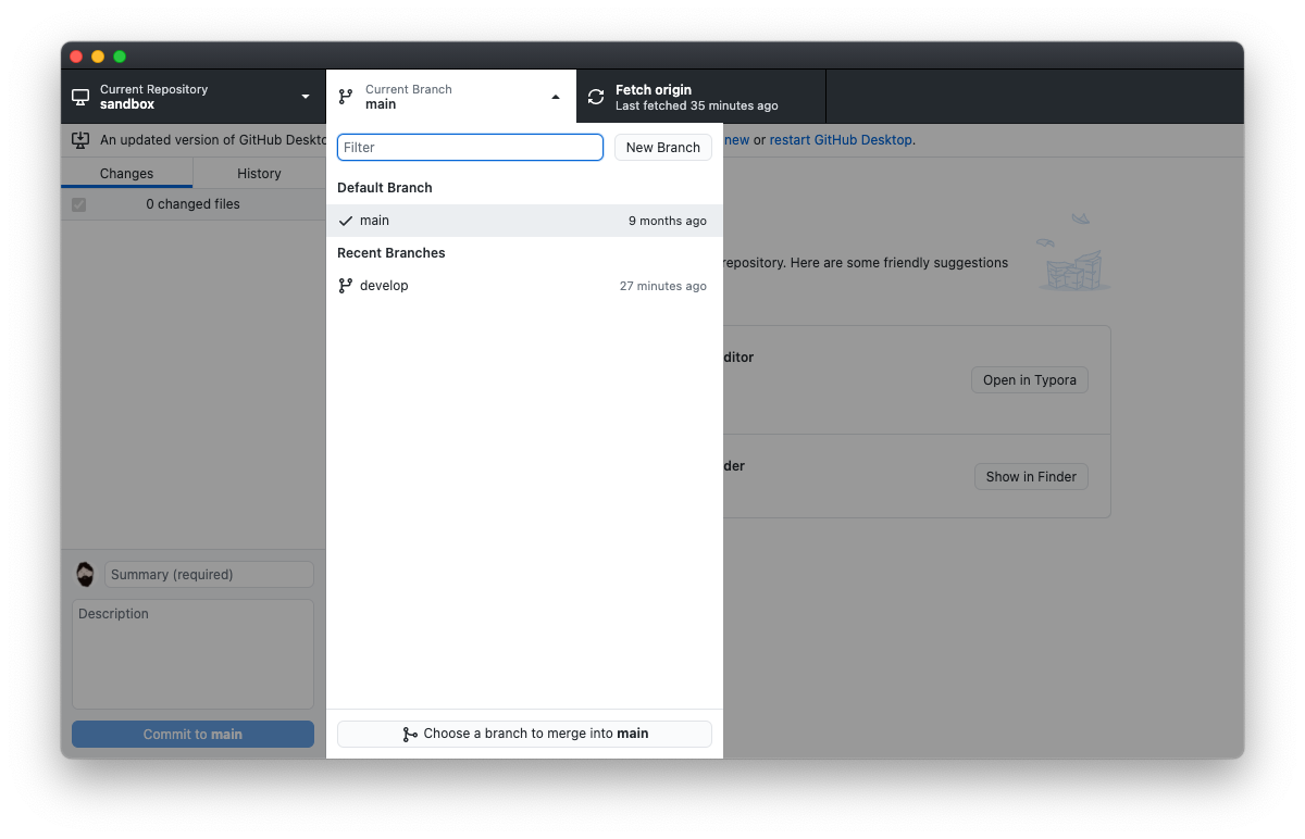 Скриншот GitHub Desktop с отображением веток