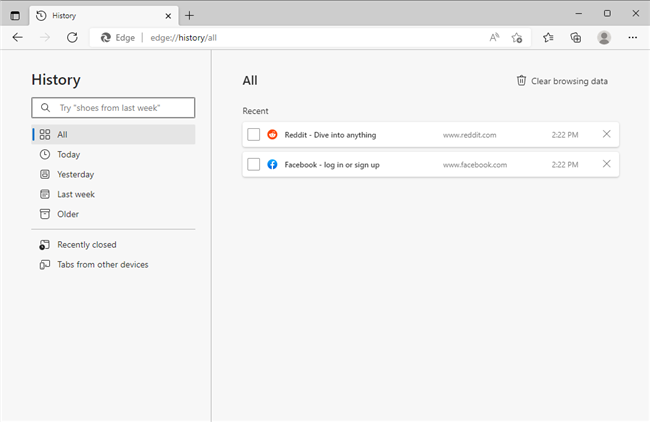 Полная страница истории в Microsoft Edge.