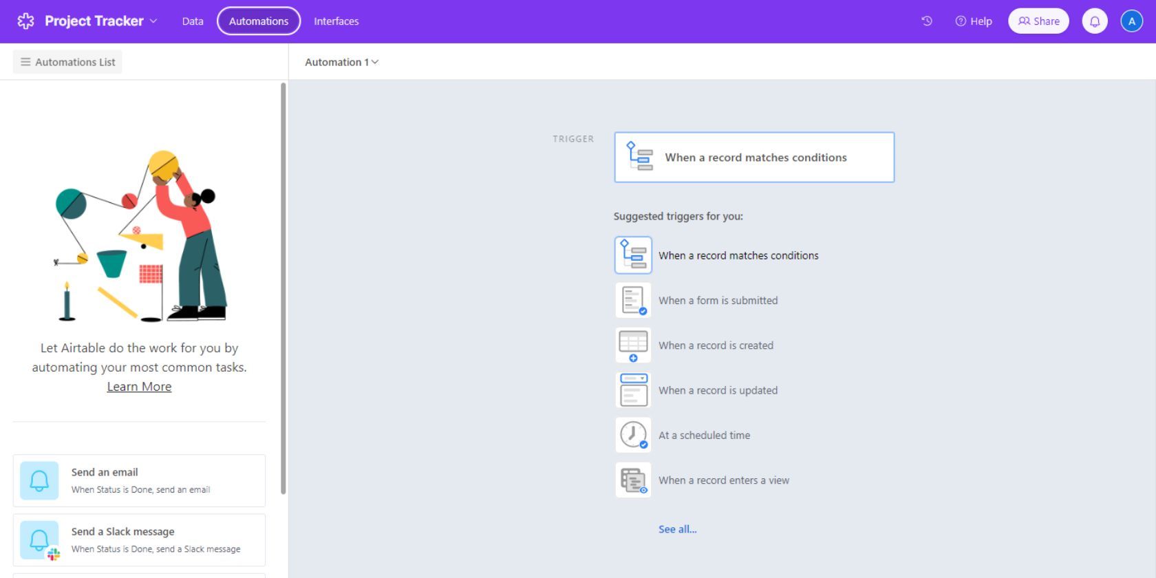 Скриншот Airtable, показывающий страницу автоматизаций
