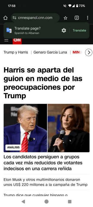 Полоса автоперевода в приложении Chrome на Android