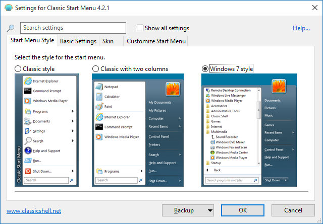 Настройки Classic Shell для меню 'Пуск'