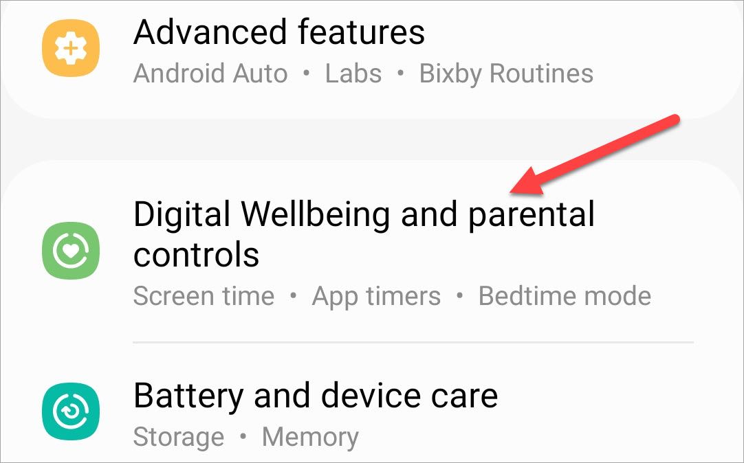 Раздел «Digital Wellbeing and Parental Controls» в настройках Samsung.