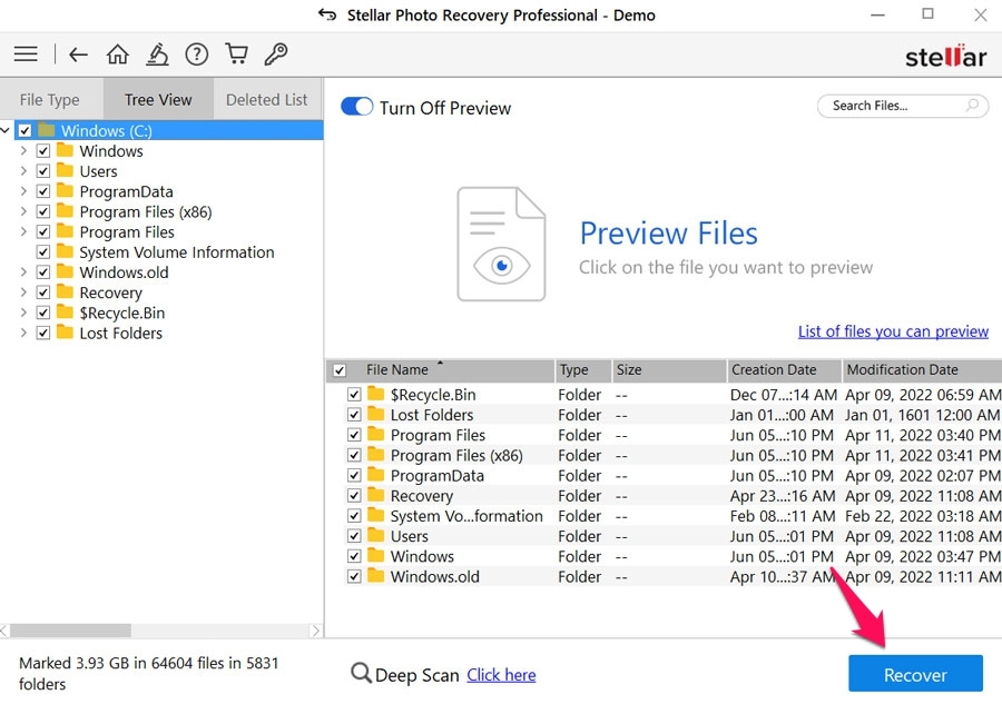 Выбор файлов для восстановления