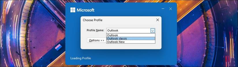 Диалог выбора профиля Outlook при перезапуске.