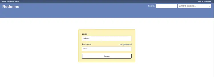 Страница входа Redmine с полями логина и пароля