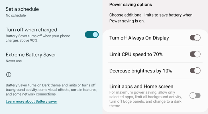 Параметры энергосбережения и расписание включения.