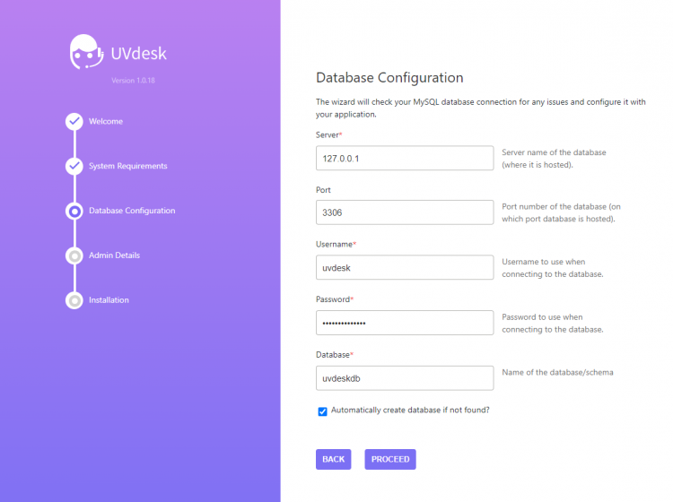 Конфигурация базы данных UVdesk в установщике