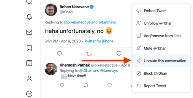 Выбор пункта включить уведомления для разговора