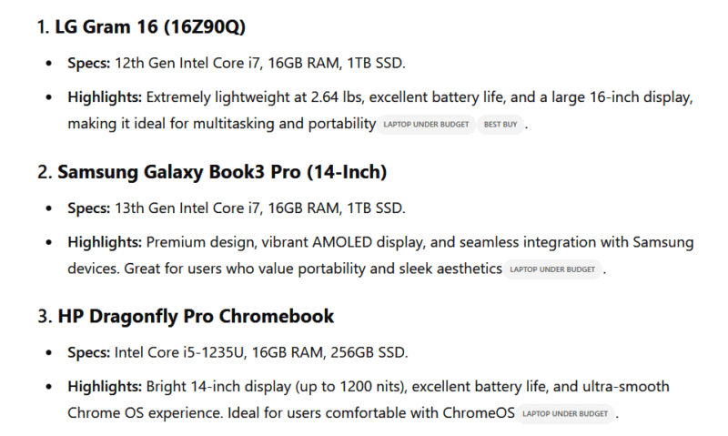 ChatGPT: список ноутбуков с их спецификациями