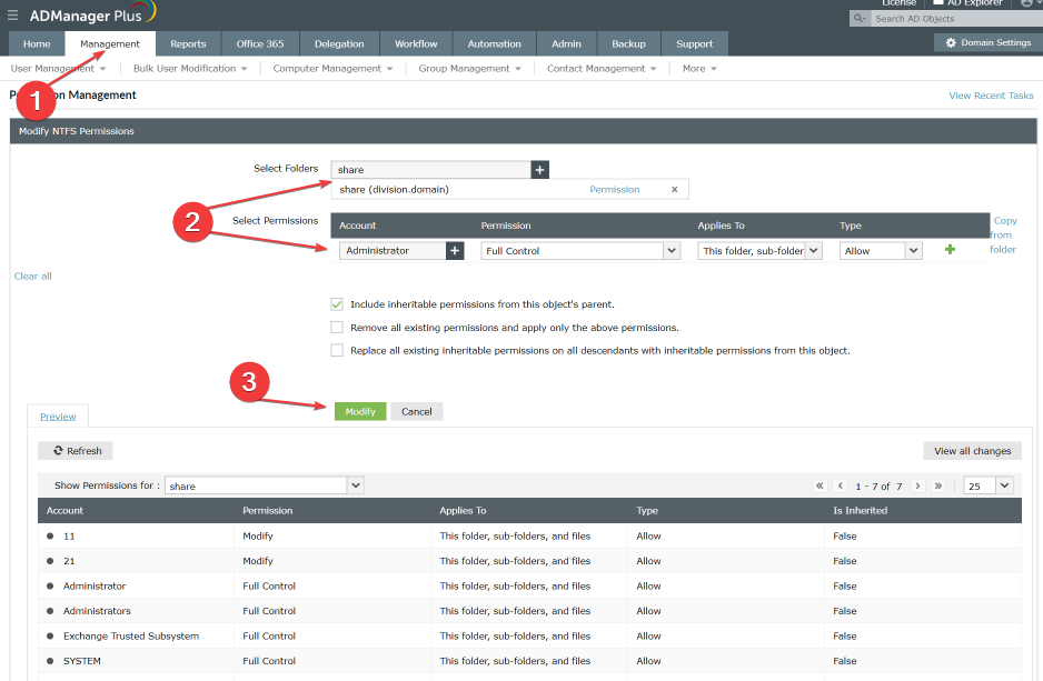 интерфейс ADManager Plus для NTFS