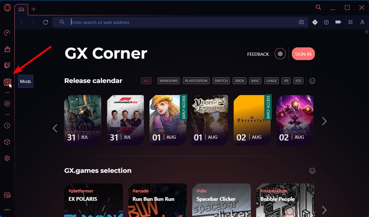 Кнопка «Моды» в боковой панели Opera GX