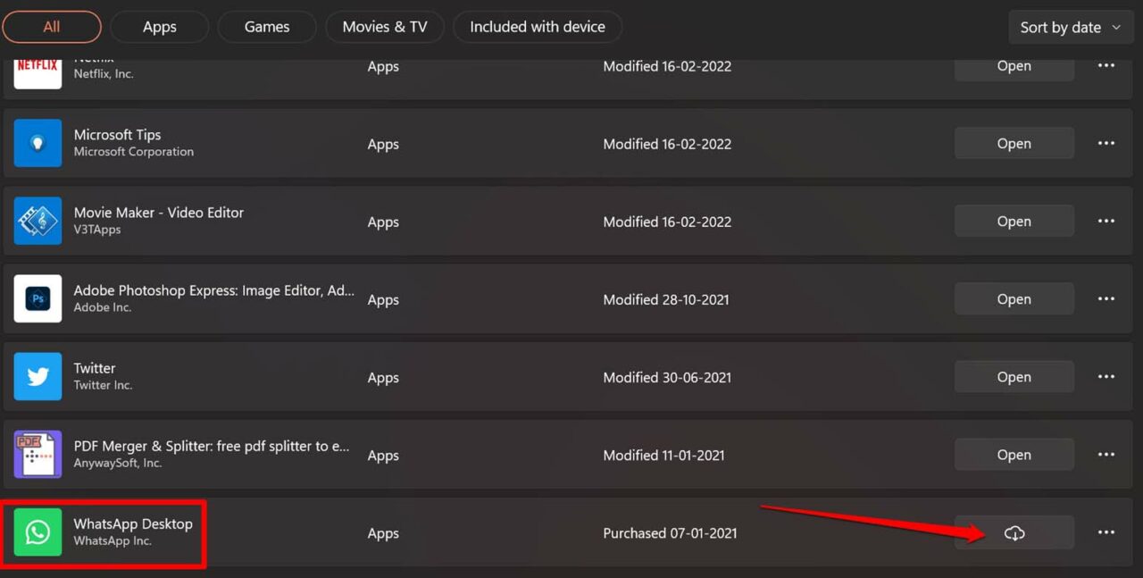 Обновление WhatsApp через Microsoft Store