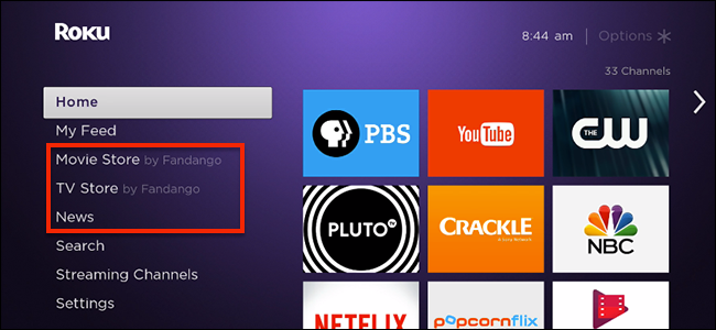 Домашний экран Roku с пунктами меню и магазином фильмов Fandango