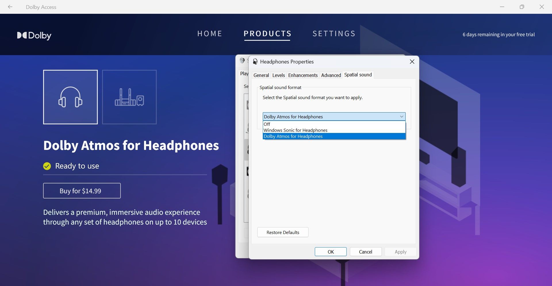 Выберите Dolby Atmos for Headphones в параметрах пространственного звука
