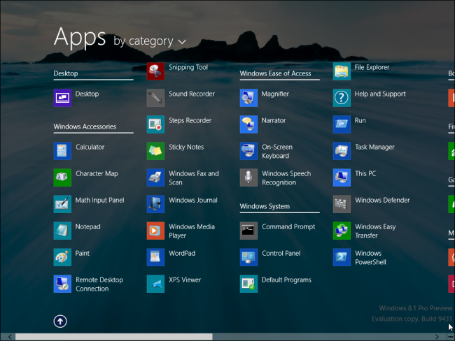 Список приложений, отсортированных по категориям