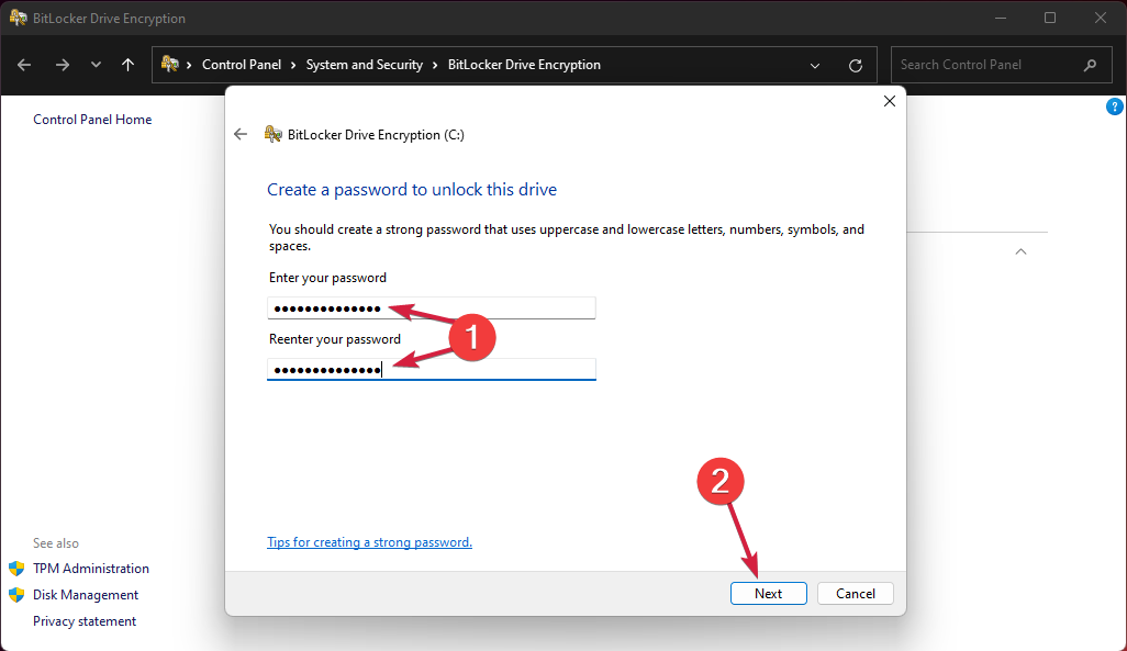 Ввод пароля для BitLocker