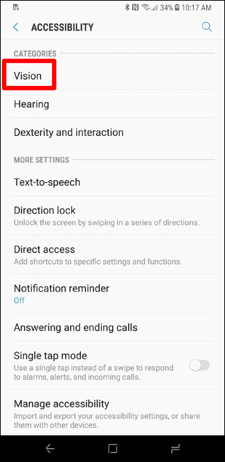 Переключатель «Отрицательные цвета» в настройках Samsung